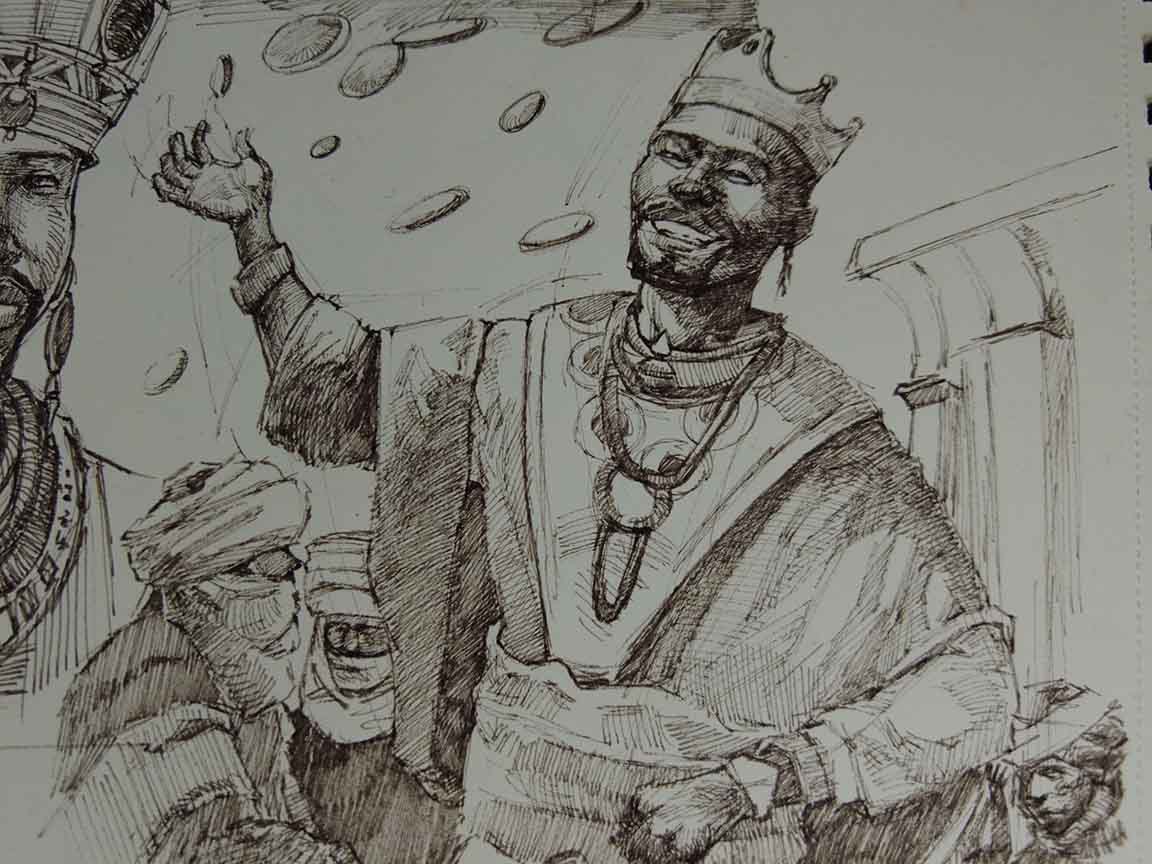 a drawing of a man wearing a crown