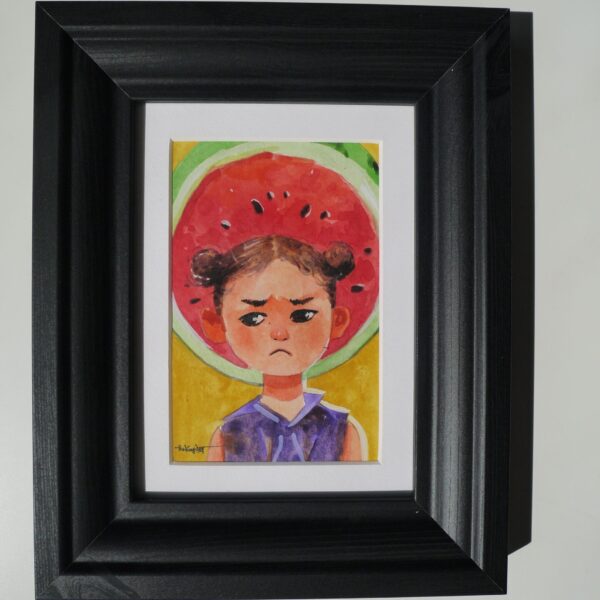 Watermelon Girl-Whimsical Watercolor Portrait of a Girl – Soft Feminine Original Art